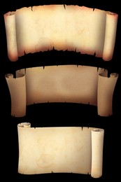 Illustration of Old parchment scrolls on black background, space for design. Illustration