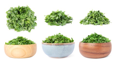 Image of Collage with cut parsley isolated on white, top and side views