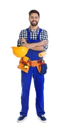 Photo of Full length portrait of construction worker with tool belt on white background