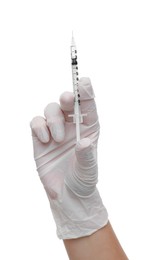 Doctor holding medical syringe on white background, closeup