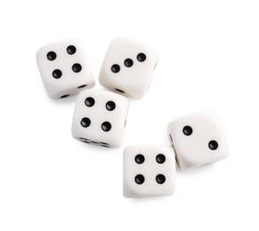 Photo of Many dices isolated on white, top view. Game cubes