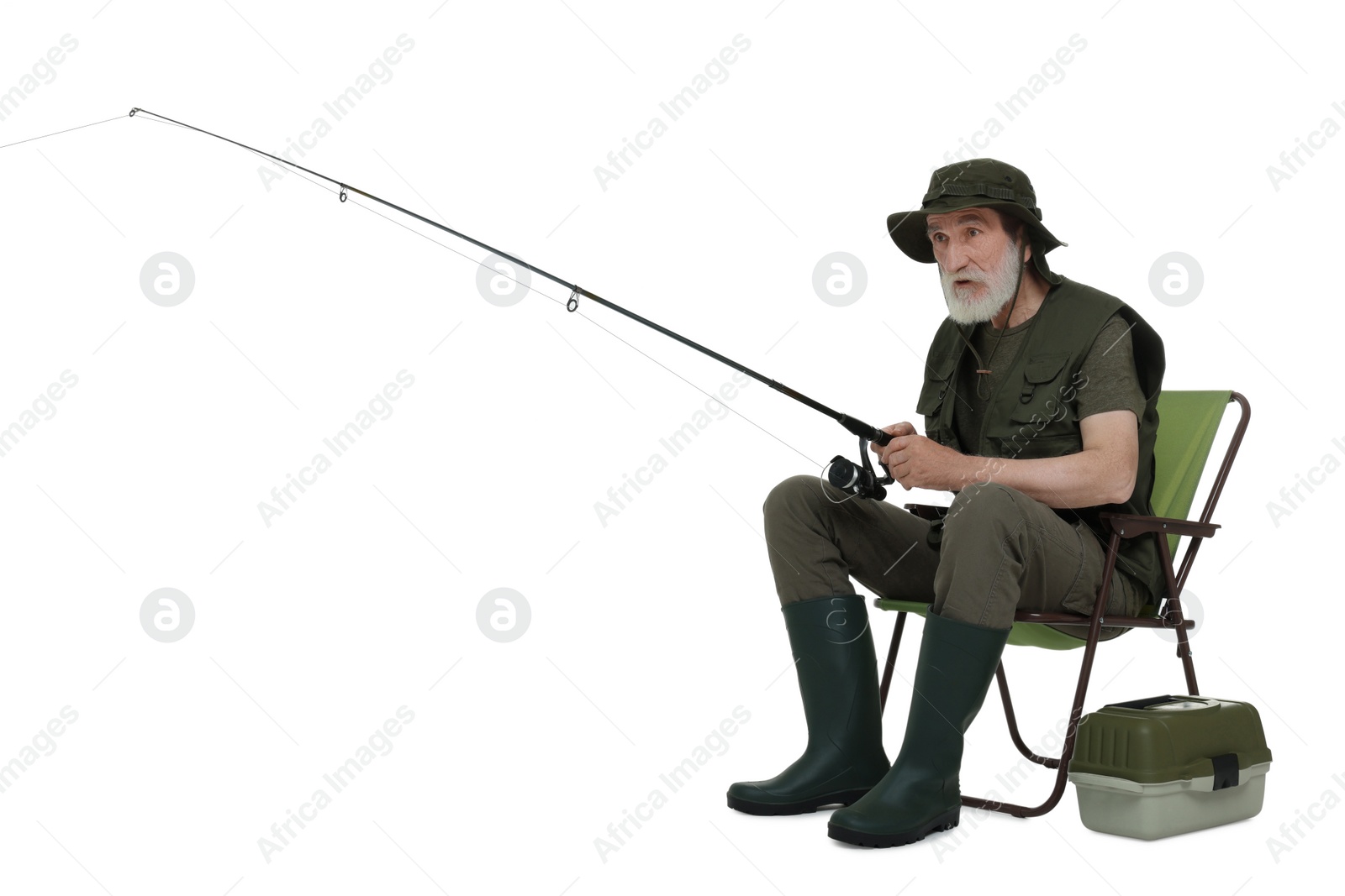 Photo of Fisherman with rod and tackle box on chair on white background