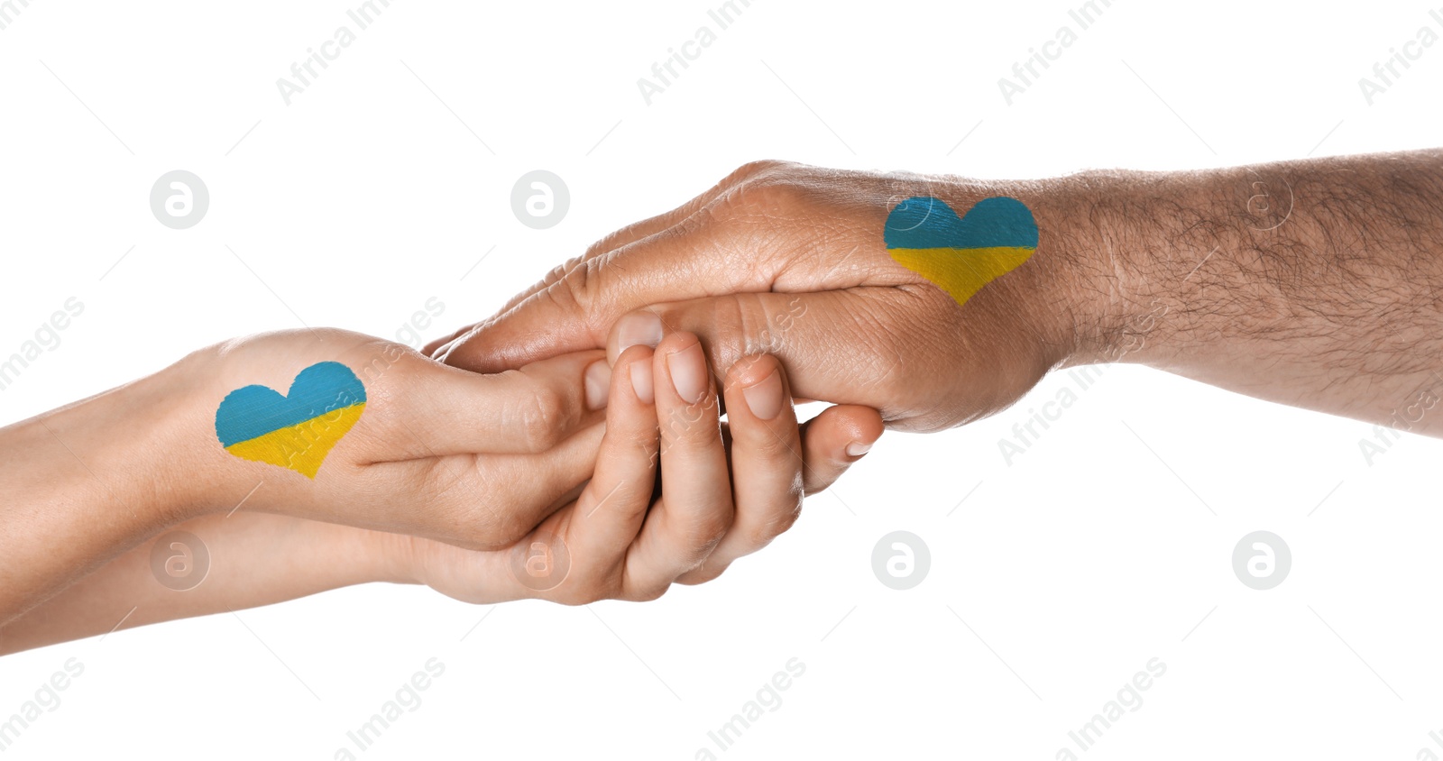 Image of Help for Ukraine. People holding hands with drawings of Ukrainian flag on white background