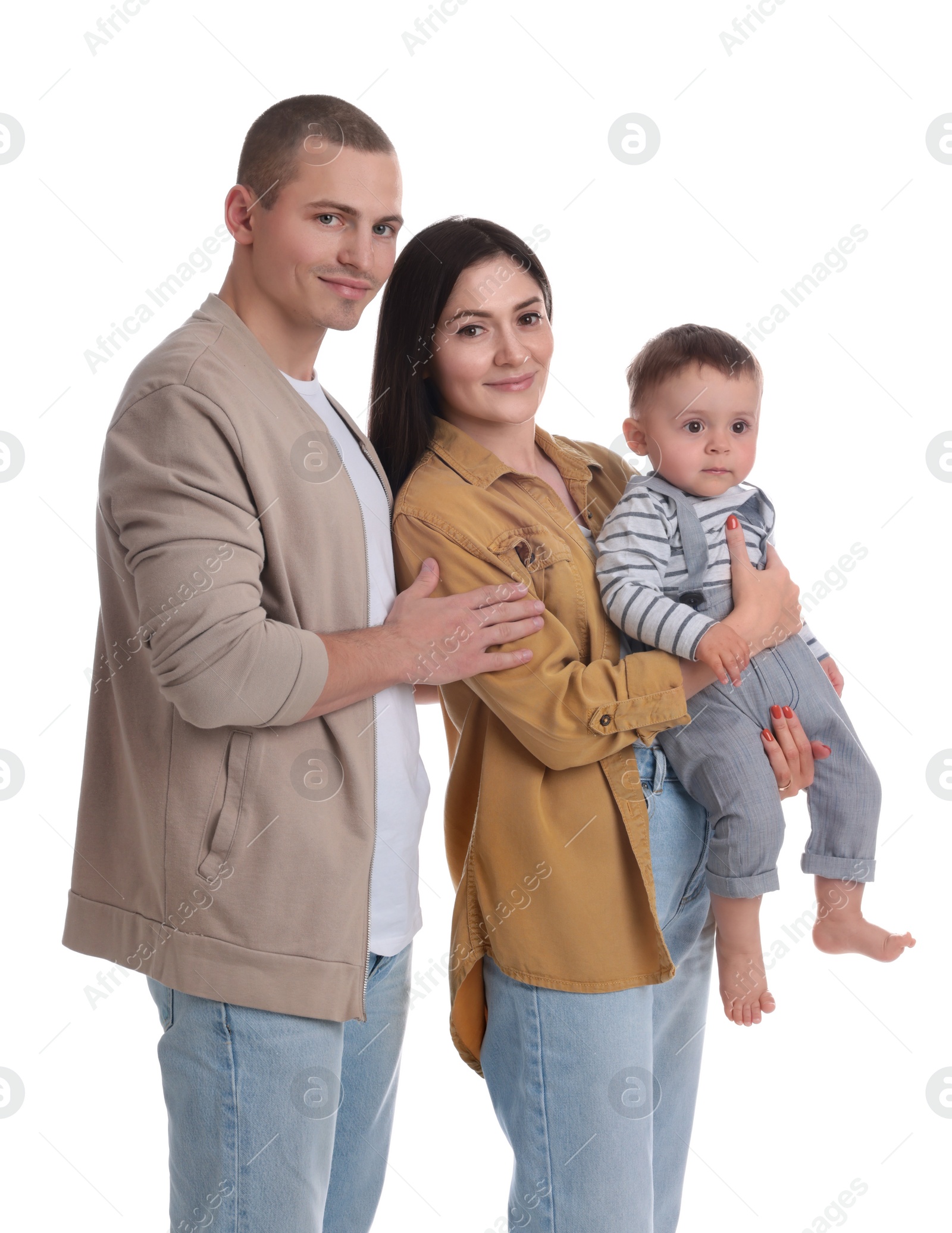 Photo of Portrait of happy family with little child on white background