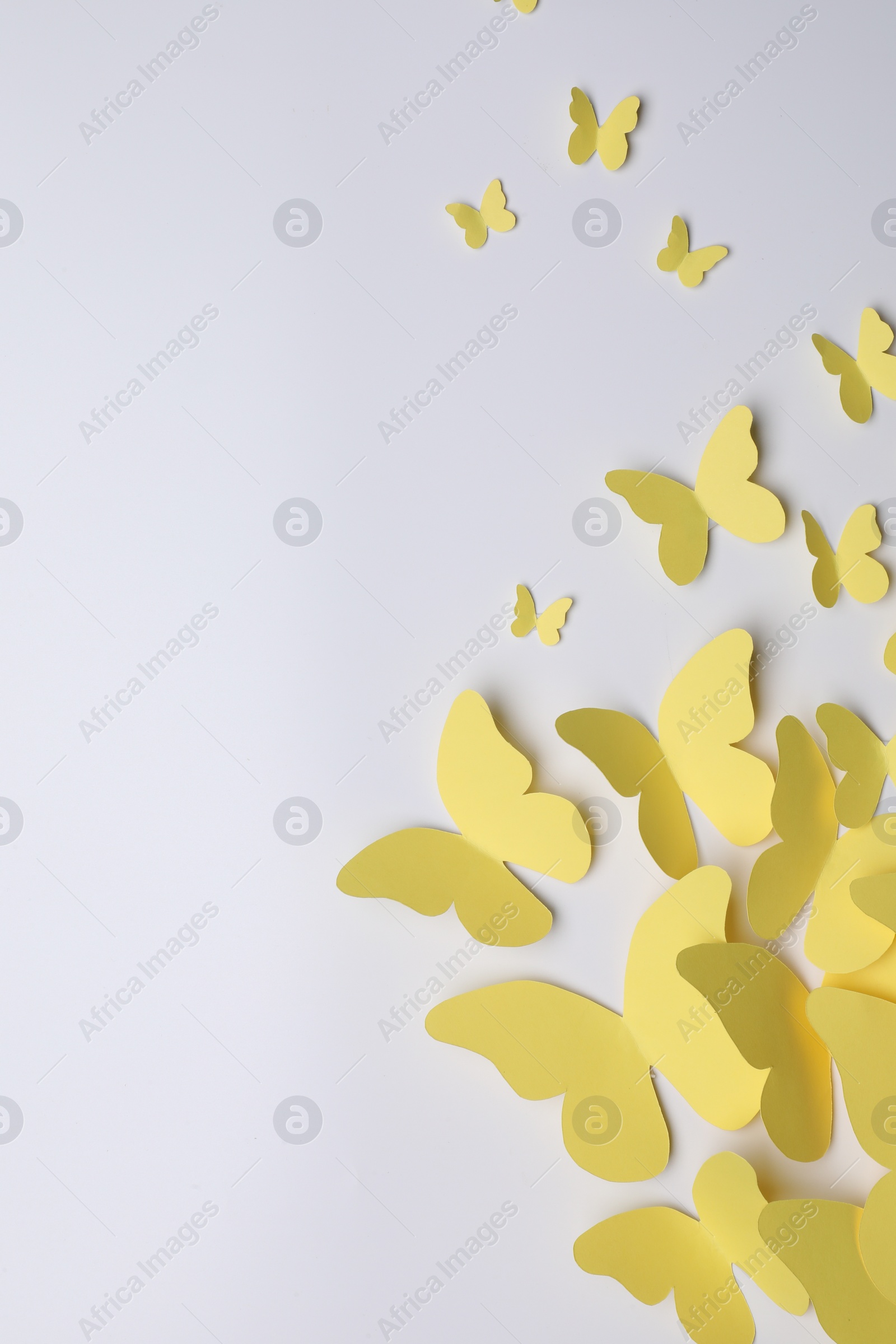 Photo of Yellow paper butterflies on white background, top view. Space for text