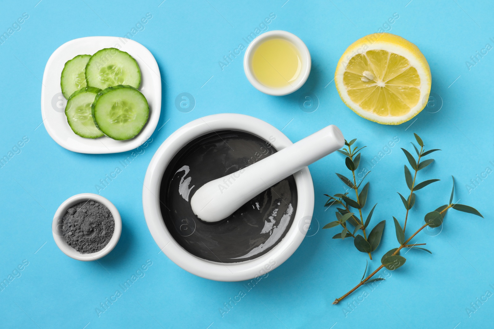 Photo of Homemade effective acne remedy and ingredients on color background