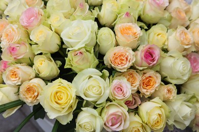 Bouquet of different beautiful roses, above view