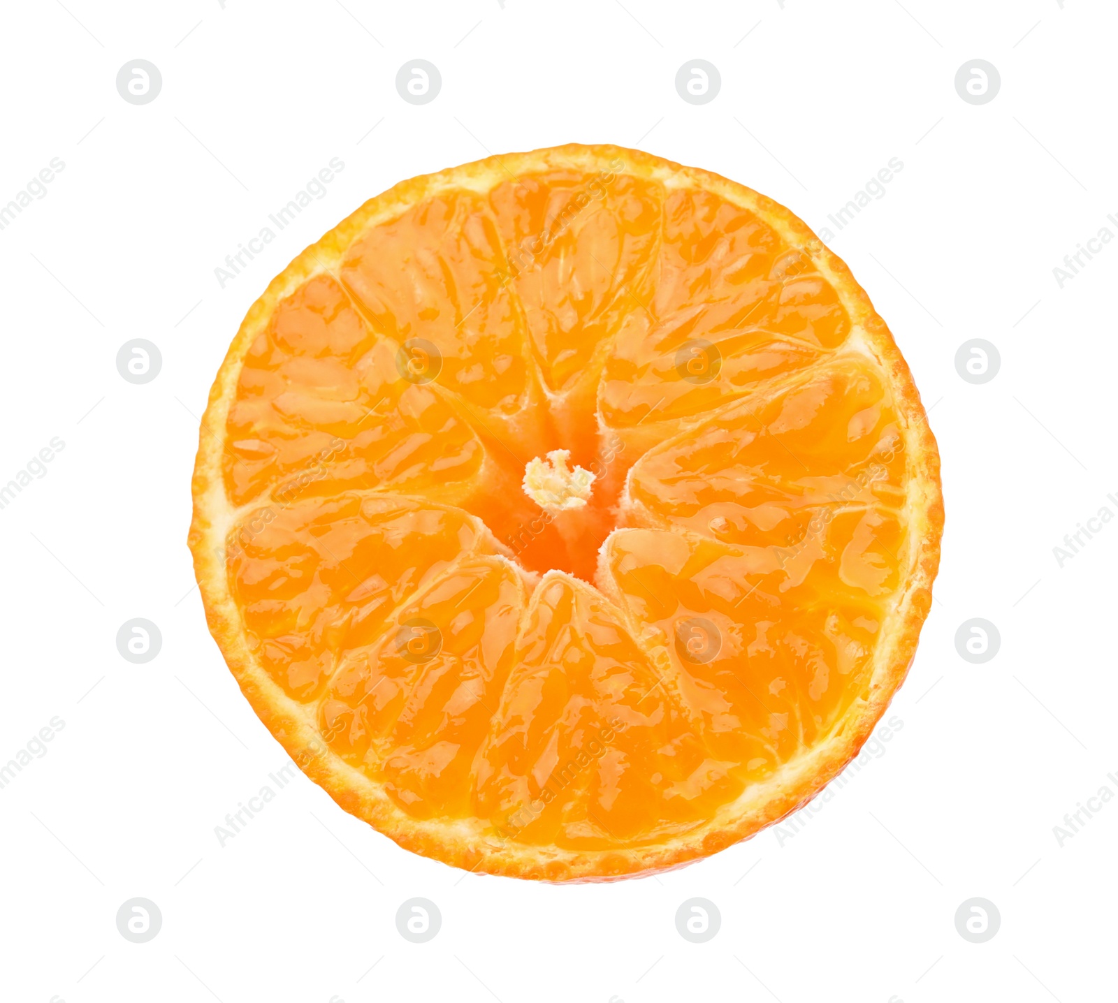 Photo of One fresh juicy tangerine slice on white background