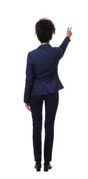 Photo of Businesswoman in suit pointing at something on white background, back view