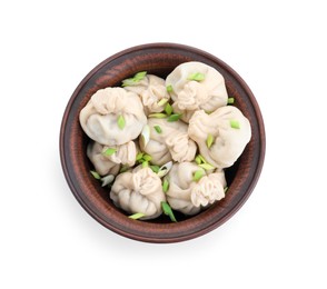 Photo of Tasty khinkali (dumplings) with onion in bowl isolated on white, top view. Georgian cuisine