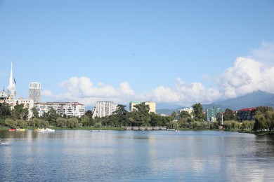Batumi, Georgia - October 12, 2022: Picturesque view of city near Nurigeli lake and mountains