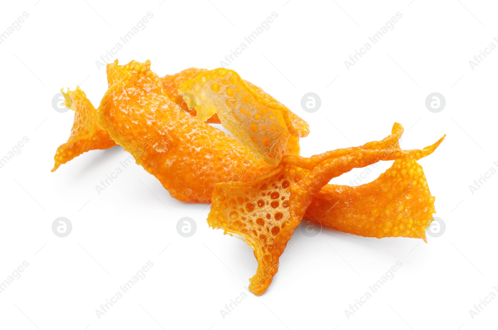 Photo of Dry orange fruit peels on white background