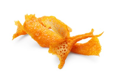 Photo of Dry orange fruit peels on white background