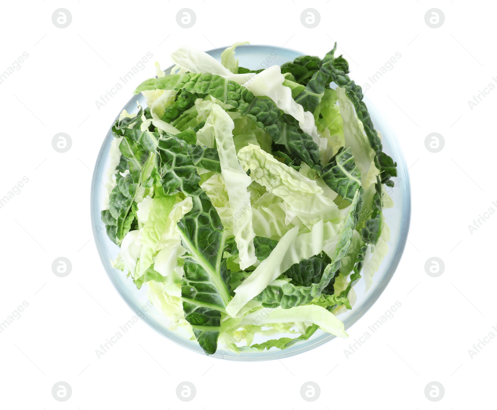 Photo of Chopped fresh green savoy cabbage in bowl on white background, top view