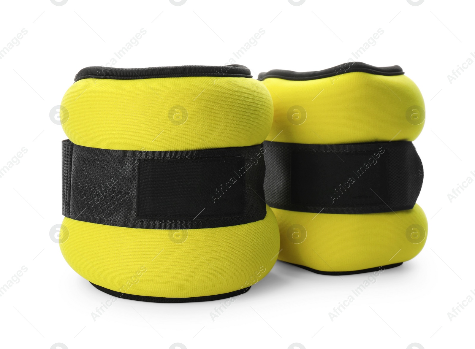 Photo of Stylish weighting agents on white background. Sport equipment