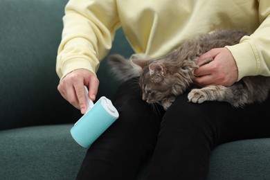 Pet shedding. Woman with lint roller removing cat`s hair from trousers on sofa at home, closeup