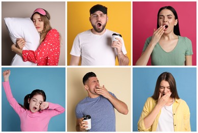 Image of Sleepy people yawning on different color backgrounds, collage