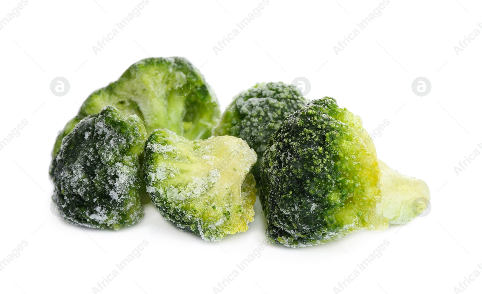 Photo of Pile of frozen broccoli florets isolated on white. Vegetable preservation