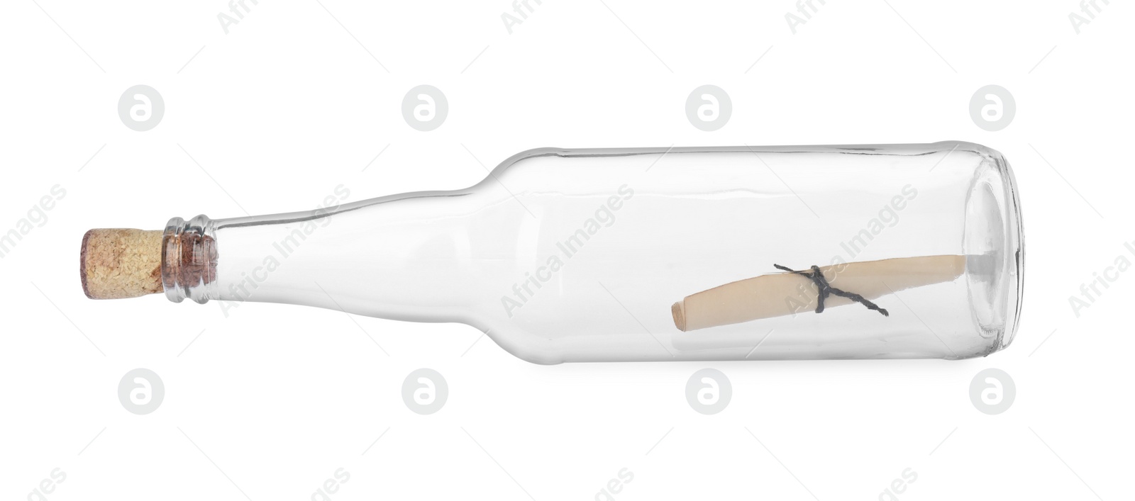 Photo of Message in corked glass bottle isolated on white