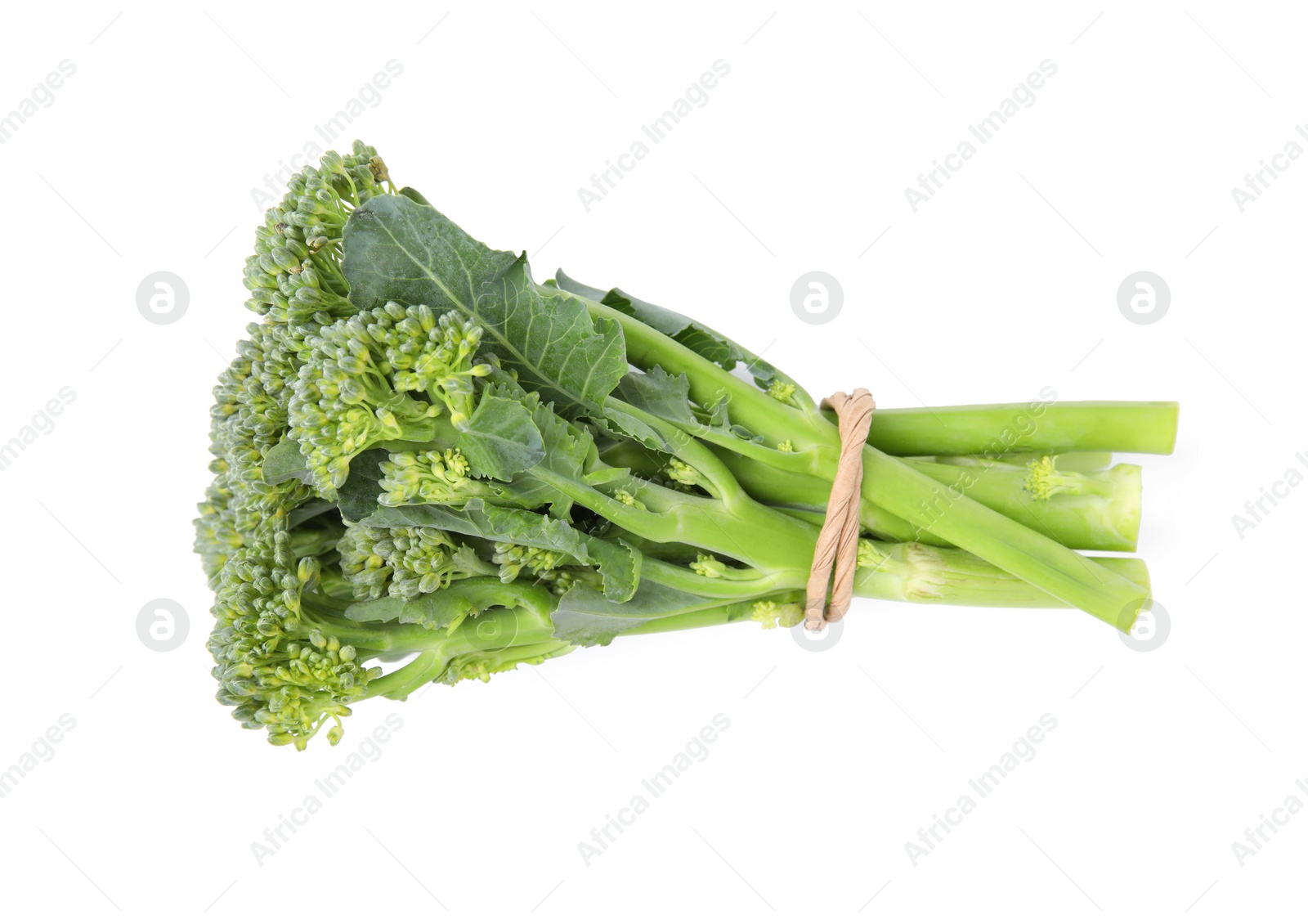 Photo of Fresh raw broccolini isolated on white, top view. Healthy food