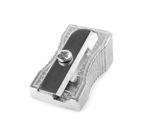 Photo of Shiny metal pencil sharpener isolated on white