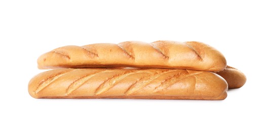 Photo of Tasty baguettes on white background. Fresh bread