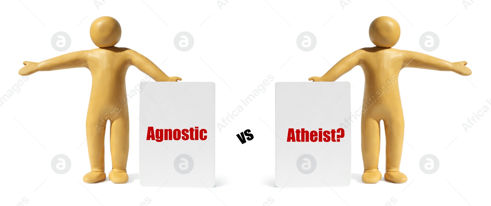 Image of Agnostic Vs Atheist. Yellow plasticine human figures with cards pointing in opposite directions isolated on white