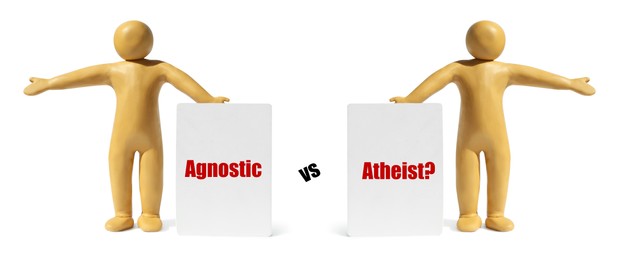 Agnostic Vs Atheist. Yellow plasticine human figures with cards pointing in opposite directions isolated on white
