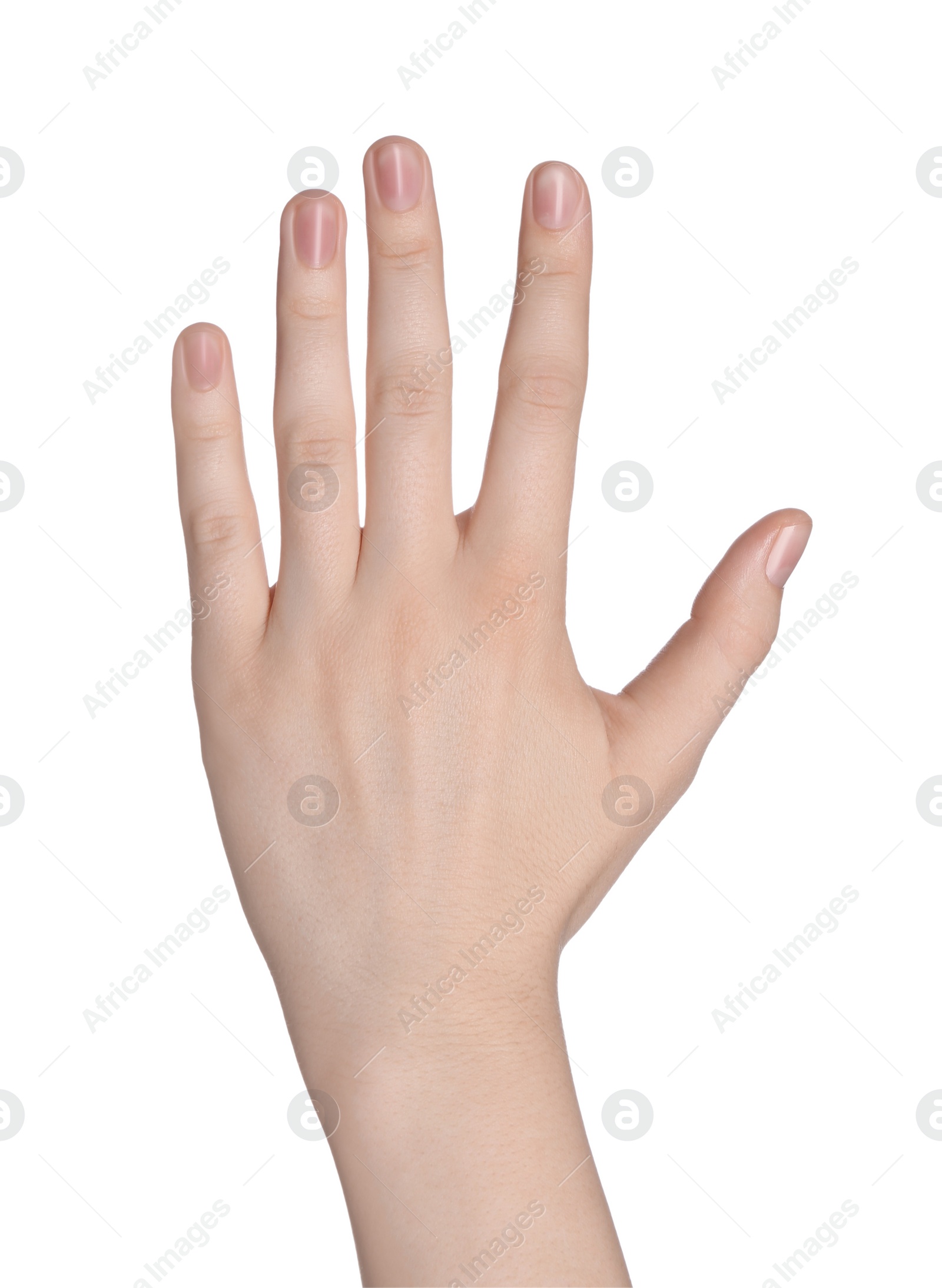 Photo of Woman against white background, closeup of hand