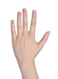 Woman against white background, closeup of hand