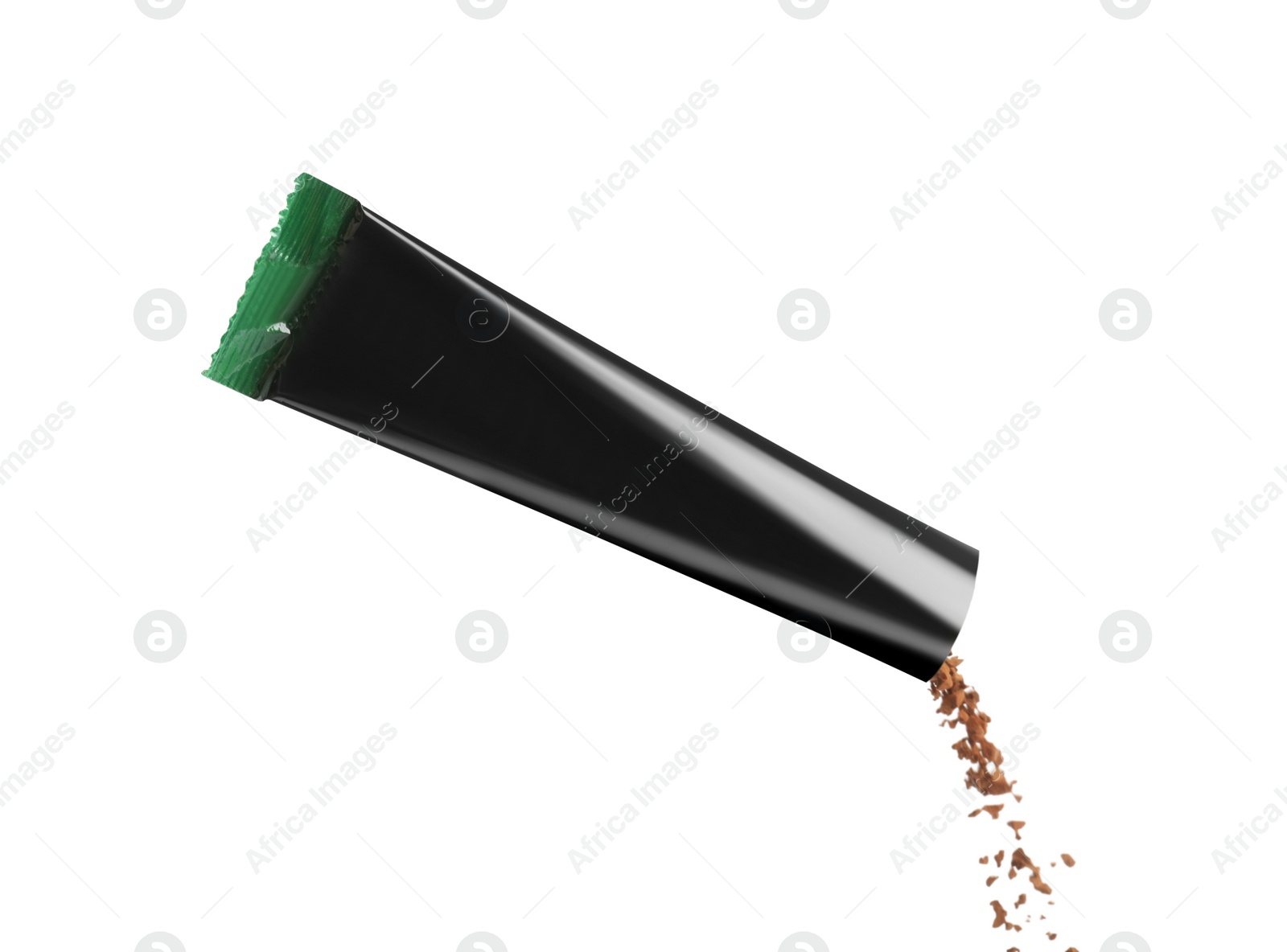 Photo of Pouring aromatic instant coffee from sachet on white background