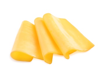 Photo of Slices of tasty cheese on white background