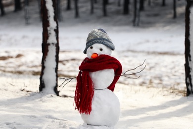 Funny snowman with scarf and hat in winter forest