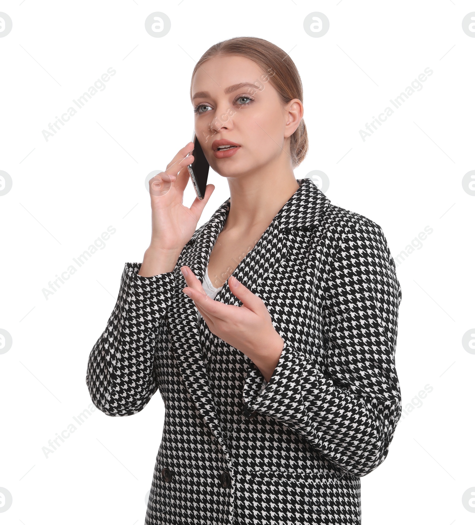 Photo of Young businesswoman talking on mobile phone against white background