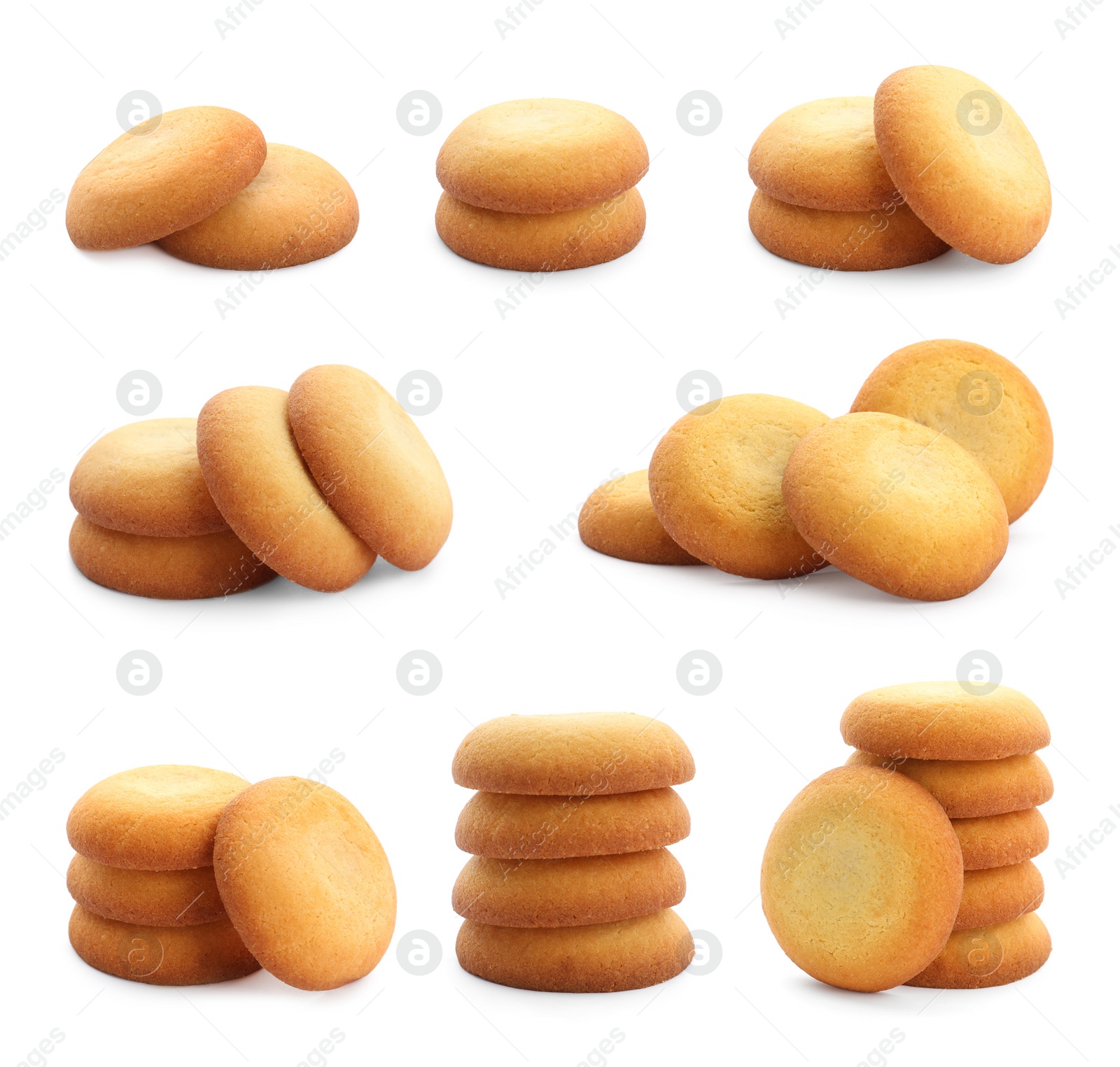 Image of Set of delicious shortbread cookies on white background