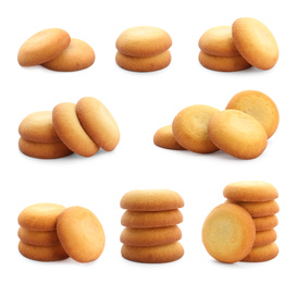 Set of delicious shortbread cookies on white background