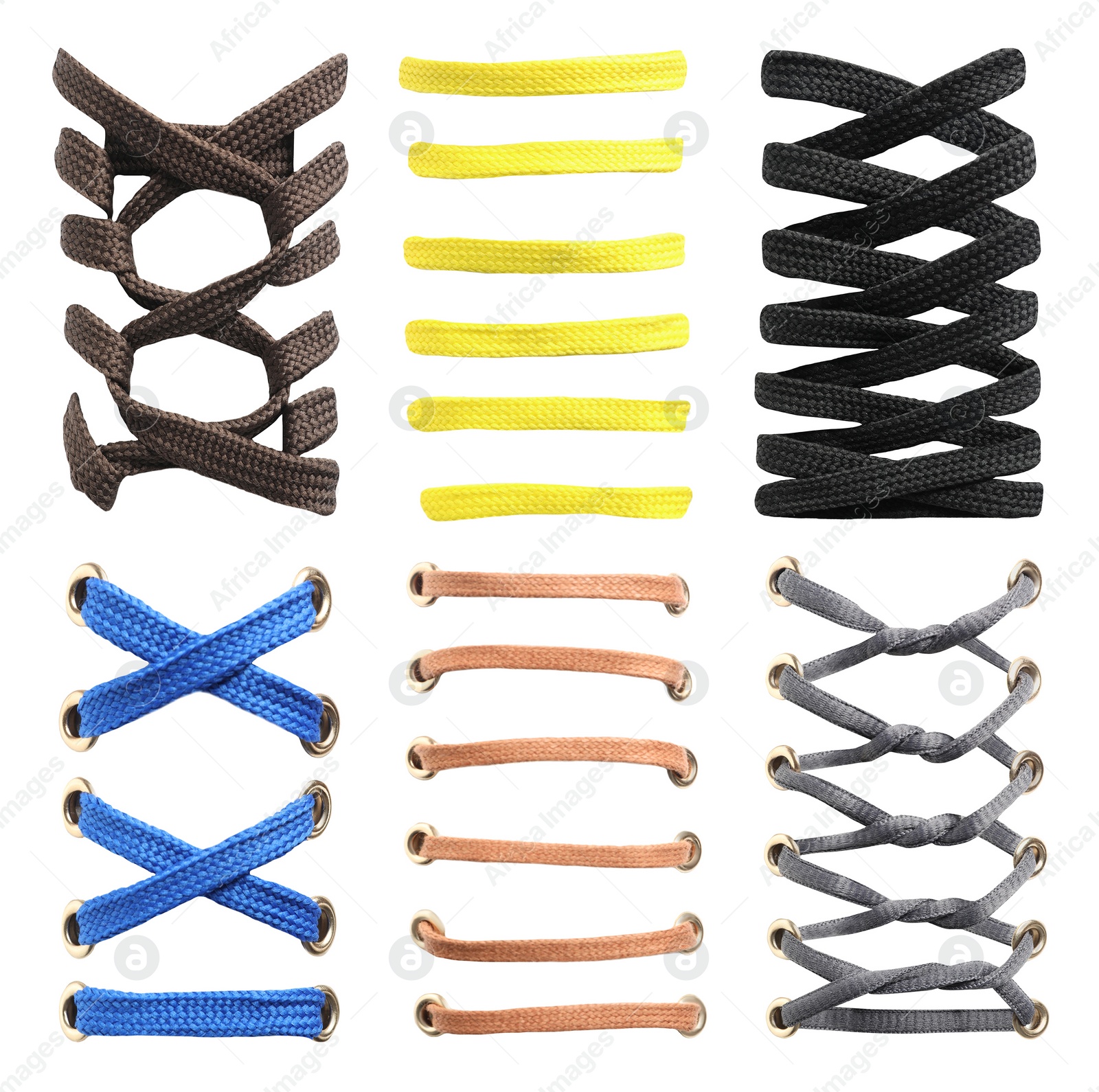 Image of Different color shoe laces on white background, collage