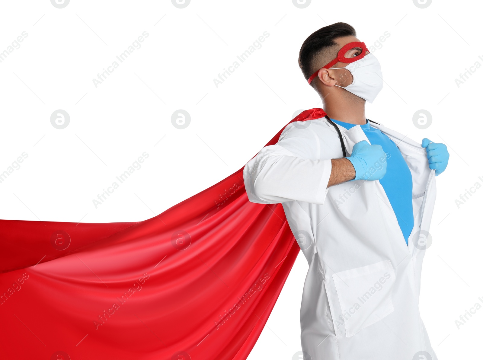 Photo of Doctor wearing face mask and cape on white background. Super hero power for medicine