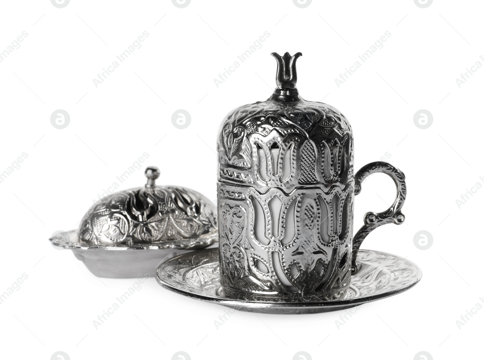 Photo of Beautiful vintage tea set on white background