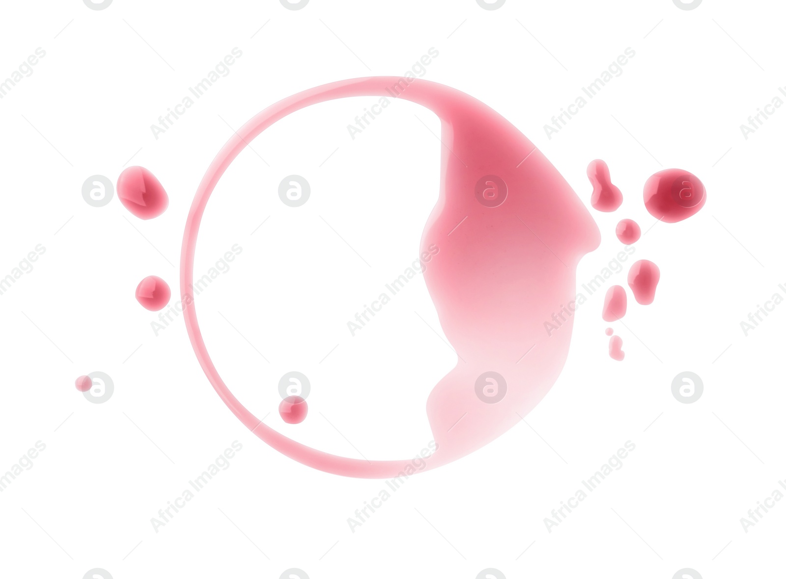 Photo of Red wine ring and drops on white background, top view