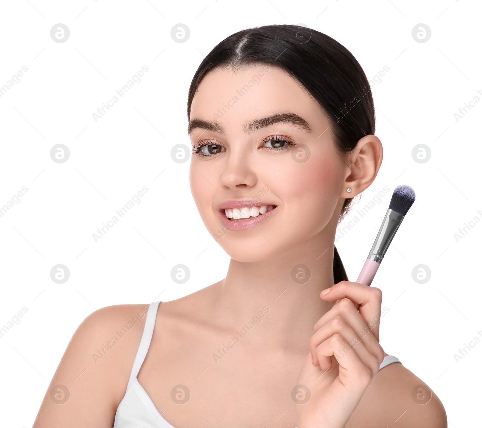 Photo of Teenage girl with makeup brush on white background