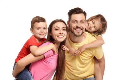 Portrait of happy family with children on white background