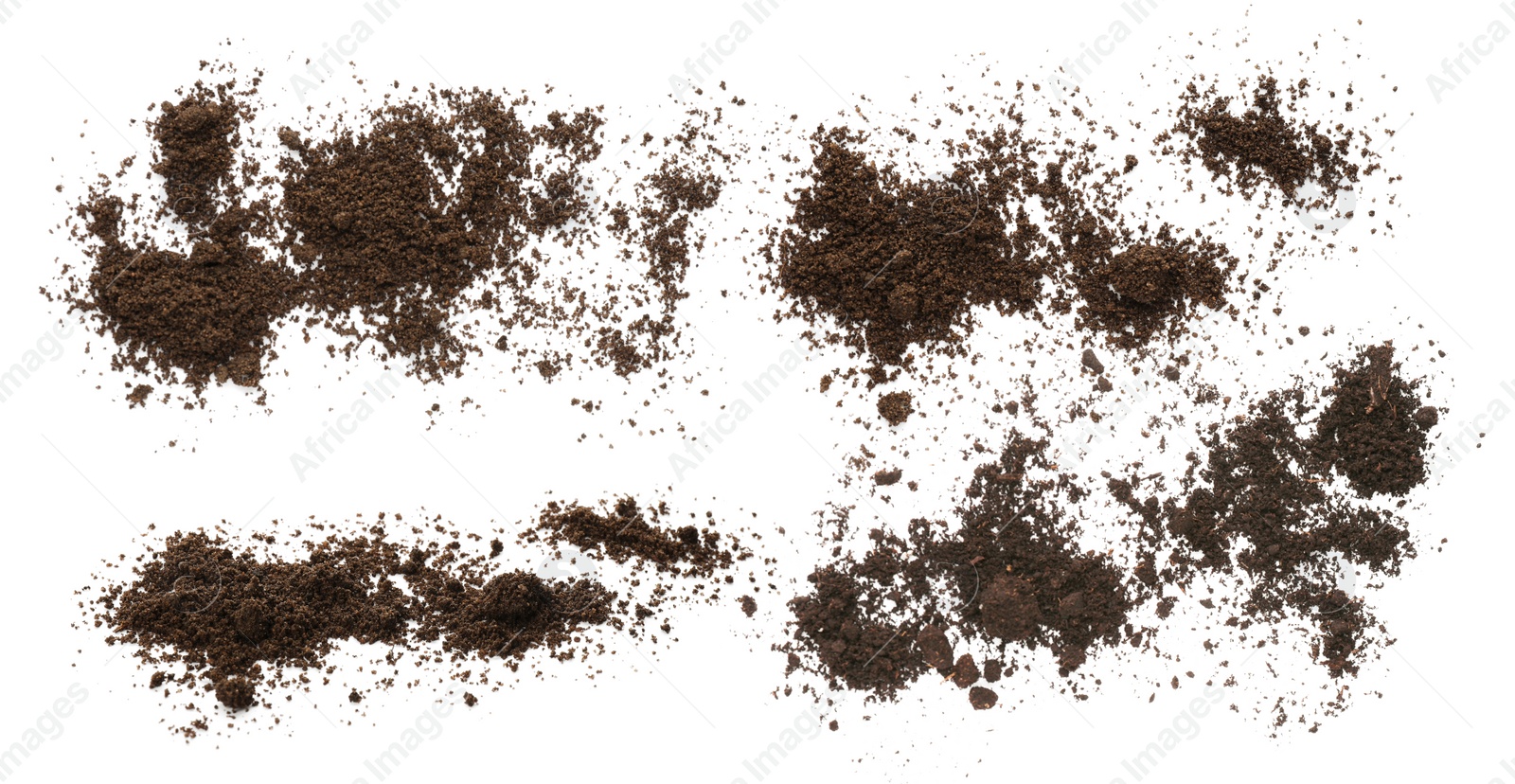 Image of Set with piles of fertile soil on white background, top view