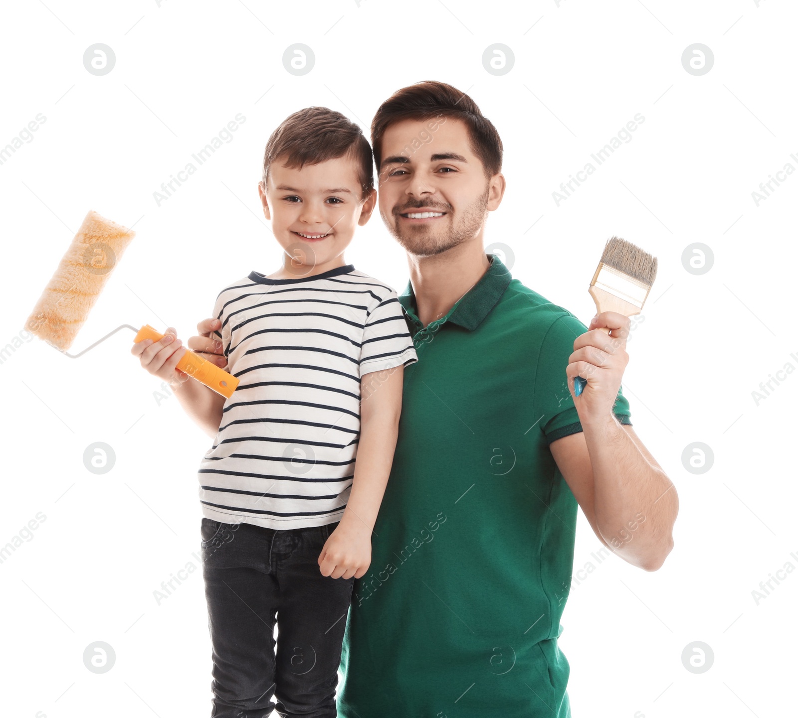 Photo of Dad and his son with painting tools isolated on white