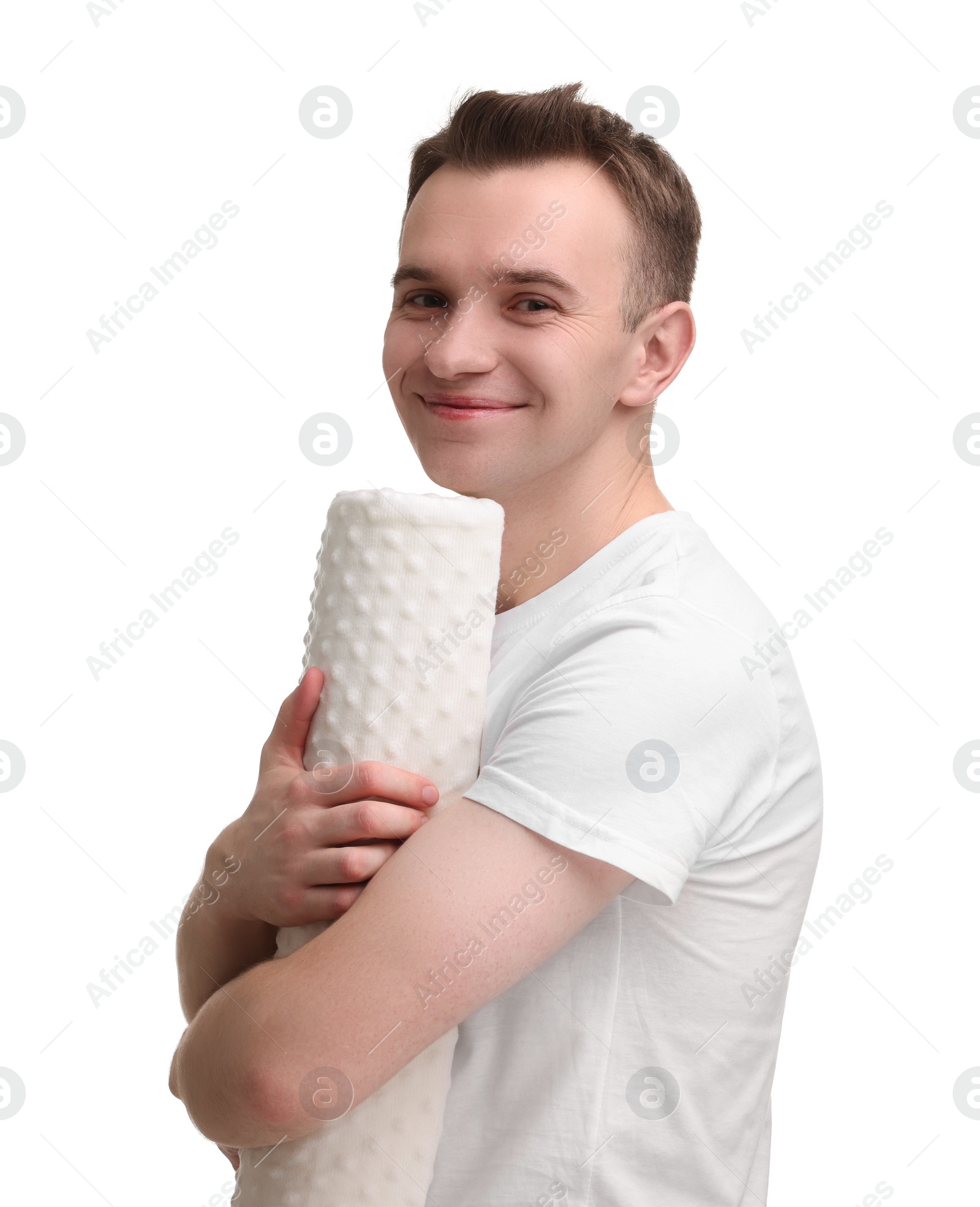 Photo of Man with orthopedic pillow on white background