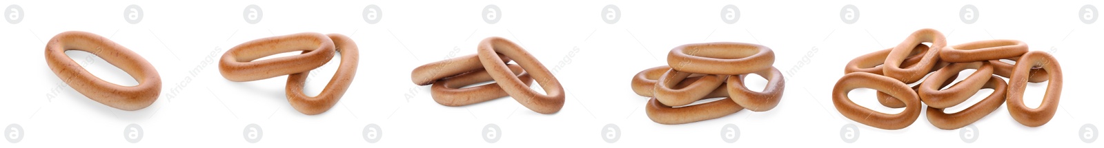 Image of Collage with delicious Sushki (dry bagels) on white background. Banner design