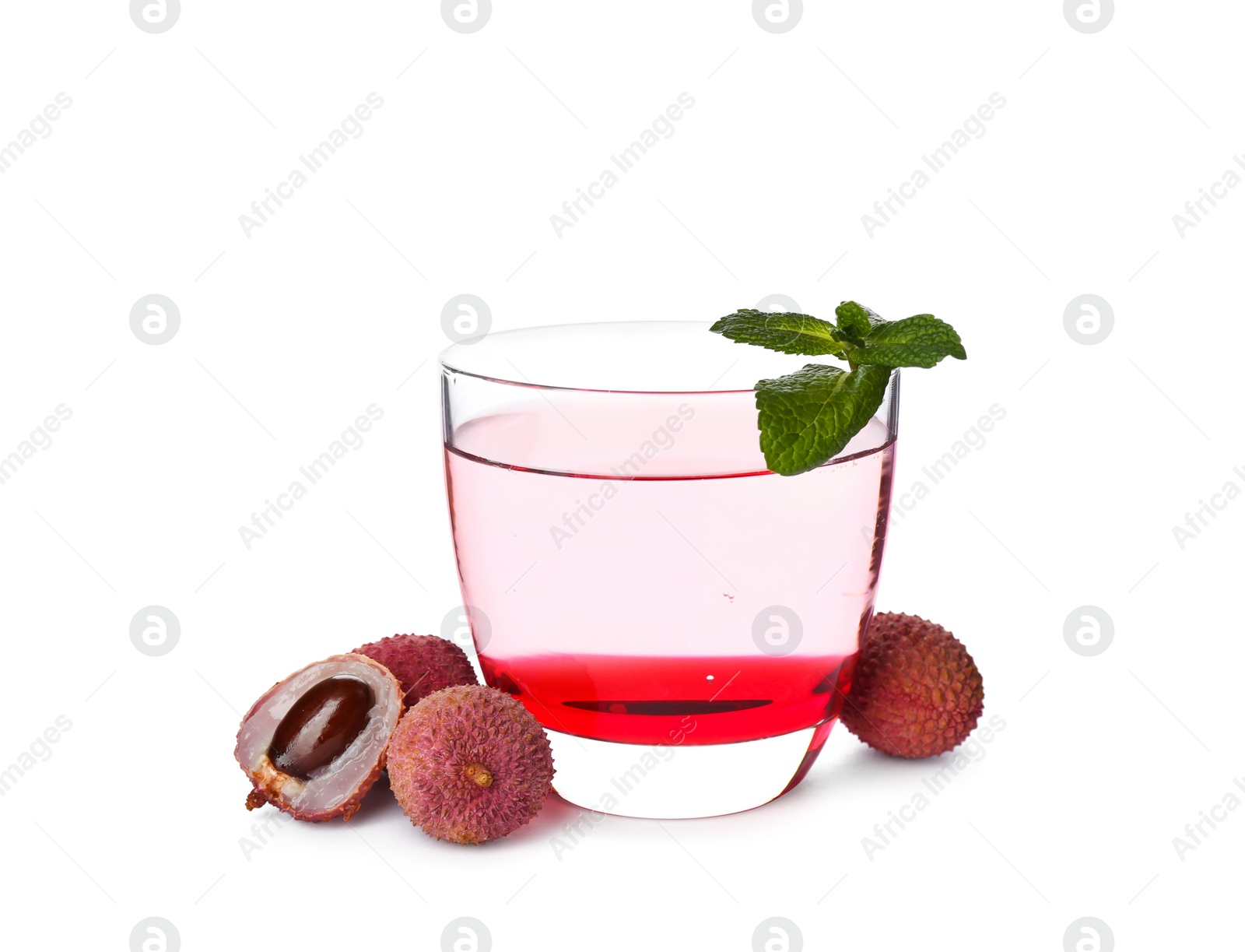 Photo of Lychee cocktail and fresh fruits on white background
