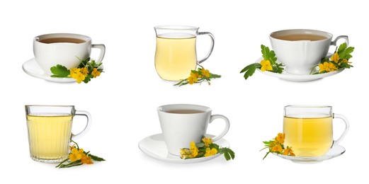 Image of Set with cups of  aromatic celandine tea on white background. Banner design