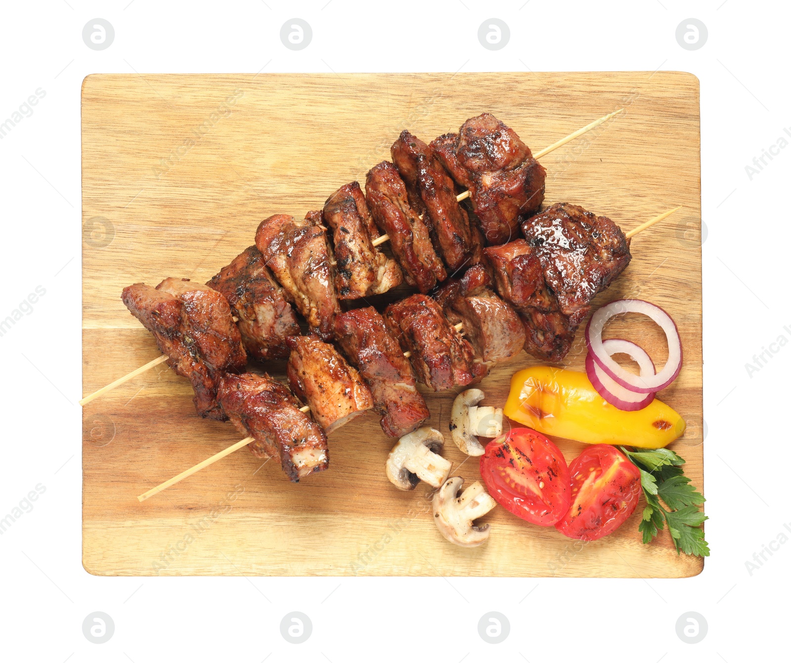 Photo of Delicious shish kebabs, parsley and vegetables isolated on white, top view