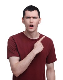Photo of Surprised man pointing at something on white background